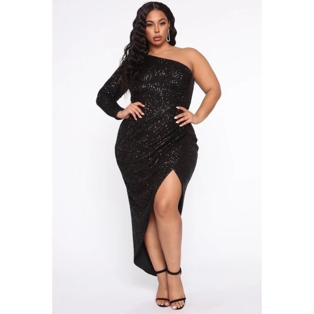 Fashion Nova And The Winner Is Sequin Maxi Dress Black One Shoulder 1XL